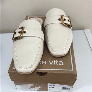 Dolce Vita Cream Leather Mules with Gold Buckle